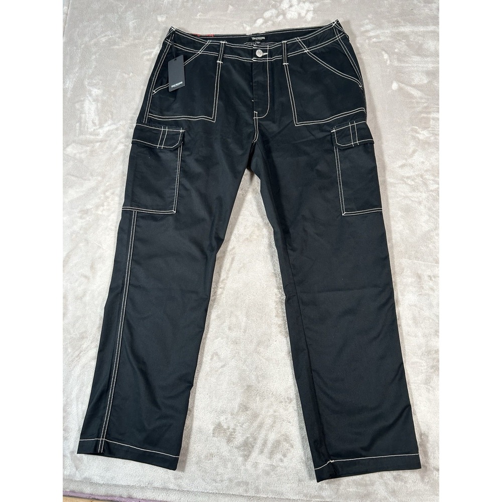 True Religion Bobby Baggy Cargo Pants Mens 38x32 Black Contrast Stitch Y2K VTG